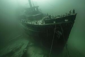 A shipwreck is seen in the ocean with a lot of debris and fish swimming around it. Scene is eerie and mysterious, as the ship is long gone and the ocean is filled with life photo