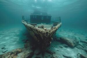 A shipwreck is seen in the ocean with a lot of debris and fish swimming around it. Scene is eerie and mysterious, as the ship is long gone and the ocean is filled with life photo