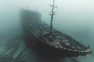 A shipwreck is seen in the ocean with a lot of debris and fish swimming around it. Scene is eerie and mysterious, as the ship is long gone and the ocean is filled with life photo