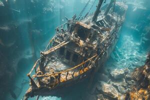 A shipwreck is seen in the ocean with a lot of debris and fish swimming around it. Scene is eerie and mysterious, as the ship is long gone and the ocean is filled with life photo