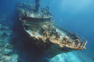 A shipwreck is seen in the ocean with a lot of debris and fish swimming around it. Scene is eerie and mysterious, as the ship is long gone and the ocean is filled with life photo