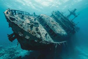 A shipwreck is seen in the ocean with a lot of debris and fish swimming around it. Scene is eerie and mysterious, as the ship is long gone and the ocean is filled with life photo