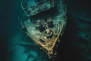 A shipwreck is seen in the ocean with a lot of debris and fish swimming around it. Scene is eerie and mysterious, as the ship is long gone and the ocean is filled with life photo