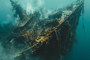 A shipwreck is seen in the ocean with a lot of debris and fish swimming around it. Scene is eerie and mysterious, as the ship is long gone and the ocean is filled with life photo