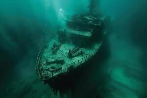 A shipwreck is seen in the ocean with a lot of debris and fish swimming around it. Scene is eerie and mysterious, as the ship is long gone and the ocean is filled with life photo