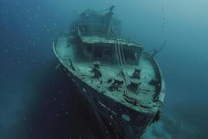 A shipwreck is seen in the ocean with a lot of debris and fish swimming around it. Scene is eerie and mysterious, as the ship is long gone and the ocean is filled with life photo