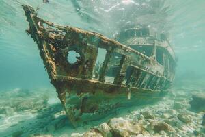 A shipwreck is seen in the ocean with a lot of debris and fish swimming around it. Scene is eerie and mysterious, as the ship is long gone and the ocean is filled with life photo