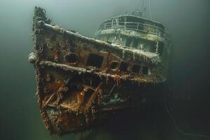 A shipwreck is seen in the ocean with a lot of debris and fish swimming around it. Scene is eerie and mysterious, as the ship is long gone and the ocean is filled with life photo