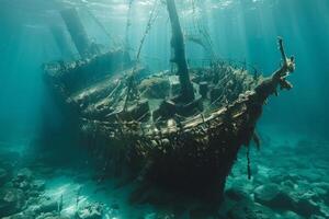 A shipwreck is seen in the ocean with a lot of debris and fish swimming around it. Scene is eerie and mysterious, as the ship is long gone and the ocean is filled with life photo