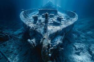 A shipwreck is seen in the ocean with a lot of debris and fish swimming around it. Scene is eerie and mysterious, as the ship is long gone and the ocean is filled with life photo