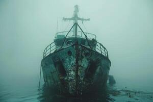 A shipwreck is seen in the ocean with a lot of debris and fish swimming around it. Scene is eerie and mysterious, as the ship is long gone and the ocean is filled with life photo