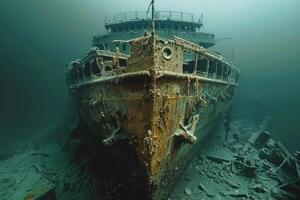 A shipwreck is seen in the ocean with a lot of debris and fish swimming around it. Scene is eerie and mysterious, as the ship is long gone and the ocean is filled with life photo