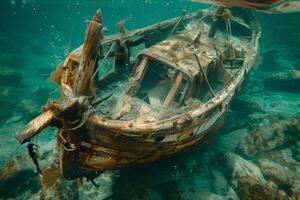 A shipwreck is seen in the ocean with a lot of debris and fish swimming around it. Scene is eerie and mysterious, as the ship is long gone and the ocean is filled with life photo