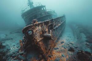 A shipwreck is seen in the ocean with a lot of debris and fish swimming around it. Scene is eerie and mysterious, as the ship is long gone and the ocean is filled with life photo