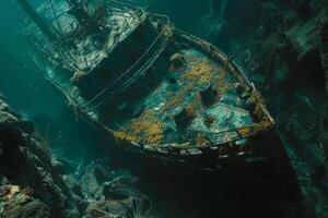 A shipwreck is seen in the ocean with a lot of debris and fish swimming around it. Scene is eerie and mysterious, as the ship is long gone and the ocean is filled with life photo