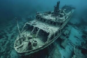 A shipwreck is seen in the ocean with a lot of debris and fish swimming around it. Scene is eerie and mysterious, as the ship is long gone and the ocean is filled with life photo