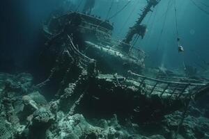 A shipwreck is seen in the ocean with a lot of debris and fish swimming around it. Scene is eerie and mysterious, as the ship is long gone and the ocean is filled with life photo