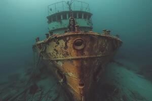 A shipwreck is seen in the ocean with a lot of debris and fish swimming around it. Scene is eerie and mysterious, as the ship is long gone and the ocean is filled with life photo