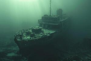 A shipwreck is seen in the ocean with a lot of debris and fish swimming around it. Scene is eerie and mysterious, as the ship is long gone and the ocean is filled with life photo