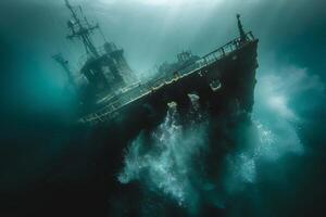 A shipwreck is seen in the ocean with a lot of debris and fish swimming around it. Scene is eerie and mysterious, as the ship is long gone and the ocean is filled with life photo