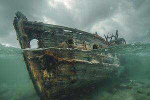 A shipwreck is seen in the ocean with a lot of debris and fish swimming around it. Scene is eerie and mysterious, as the ship is long gone and the ocean is filled with life photo