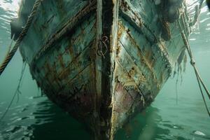 A shipwreck is seen in the ocean with a lot of debris and fish swimming around it. Scene is eerie and mysterious, as the ship is long gone and the ocean is filled with life photo