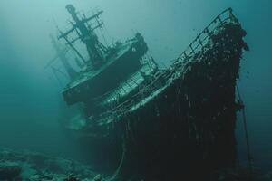 A shipwreck is seen in the ocean with a lot of debris and fish swimming around it. Scene is eerie and mysterious, as the ship is long gone and the ocean is filled with life photo