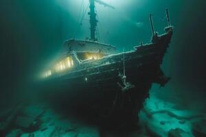A shipwreck is seen in the ocean with a lot of debris and fish swimming around it. Scene is eerie and mysterious, as the ship is long gone and the ocean is filled with life photo