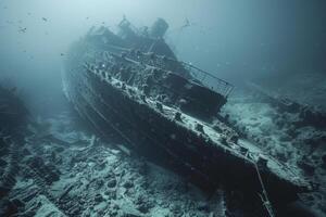 A shipwreck is seen in the ocean with a lot of debris and fish swimming around it. Scene is eerie and mysterious, as the ship is long gone and the ocean is filled with life photo