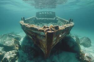 A shipwreck is seen in the ocean with a lot of debris and fish swimming around it. Scene is eerie and mysterious, as the ship is long gone and the ocean is filled with life photo