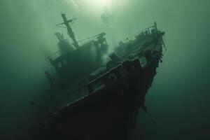 A shipwreck is seen in the ocean with a lot of debris and fish swimming around it. Scene is eerie and mysterious, as the ship is long gone and the ocean is filled with life photo