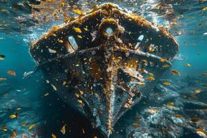 A shipwreck is seen in the ocean with a lot of debris and fish swimming around it. Scene is eerie and mysterious, as the ship is long gone and the ocean is filled with life photo