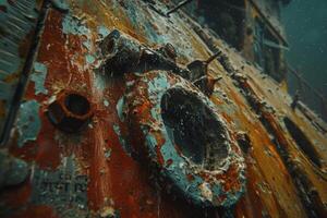 A shipwreck is seen in the ocean with a lot of debris and fish swimming around it. Scene is eerie and mysterious, as the ship is long gone and the ocean is filled with life photo