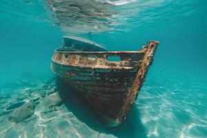 A shipwreck is seen in the ocean with a lot of debris and fish swimming around it. Scene is eerie and mysterious, as the ship is long gone and the ocean is filled with life photo