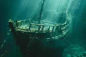 A shipwreck is seen in the ocean with a lot of debris and fish swimming around it. Scene is eerie and mysterious, as the ship is long gone and the ocean is filled with life photo