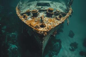 A shipwreck is seen in the ocean with a lot of debris and fish swimming around it. Scene is eerie and mysterious, as the ship is long gone and the ocean is filled with life photo