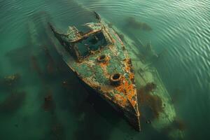 A shipwreck is seen in the ocean with a lot of debris and fish swimming around it. Scene is eerie and mysterious, as the ship is long gone and the ocean is filled with life photo
