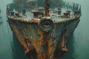 A shipwreck is seen in the ocean with a lot of debris and fish swimming around it. Scene is eerie and mysterious, as the ship is long gone and the ocean is filled with life photo