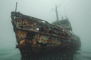 A shipwreck is seen in the ocean with a lot of debris and fish swimming around it. Scene is eerie and mysterious, as the ship is long gone and the ocean is filled with life photo
