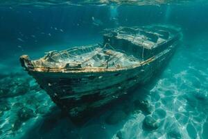 A shipwreck is seen in the ocean with a lot of debris and fish swimming around it. Scene is eerie and mysterious, as the ship is long gone and the ocean is filled with life photo