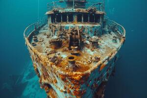 A shipwreck is seen in the ocean with a lot of debris and fish swimming around it. Scene is eerie and mysterious, as the ship is long gone and the ocean is filled with life photo