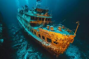 A shipwreck is seen in the ocean with a lot of debris and fish swimming around it. Scene is eerie and mysterious, as the ship is long gone and the ocean is filled with life photo