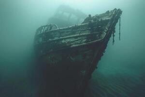 A shipwreck is seen in the ocean with a lot of debris and fish swimming around it. Scene is eerie and mysterious, as the ship is long gone and the ocean is filled with life photo
