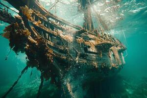 A shipwreck is seen in the ocean with a lot of debris and fish swimming around it. Scene is eerie and mysterious, as the ship is long gone and the ocean is filled with life photo