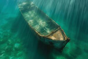 A shipwreck is seen in the ocean with a lot of debris and fish swimming around it. Scene is eerie and mysterious, as the ship is long gone and the ocean is filled with life photo