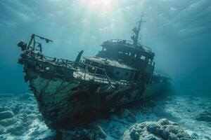 A shipwreck is seen in the ocean with a lot of debris and fish swimming around it. Scene is eerie and mysterious, as the ship is long gone and the ocean is filled with life photo