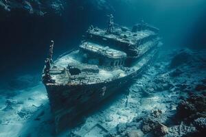 A shipwreck is seen in the ocean with a lot of debris and fish swimming around it. Scene is eerie and mysterious, as the ship is long gone and the ocean is filled with life photo