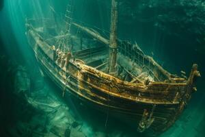 A shipwreck is seen in the ocean with a lot of debris and fish swimming around it. Scene is eerie and mysterious, as the ship is long gone and the ocean is filled with life photo