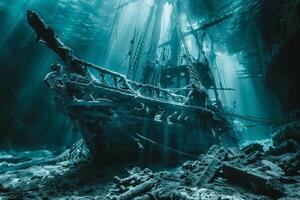 A shipwreck is seen in the ocean with a lot of debris and fish swimming around it. Scene is eerie and mysterious, as the ship is long gone and the ocean is filled with life photo