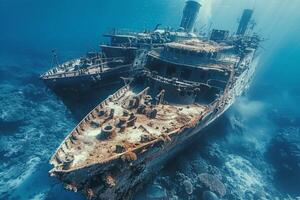 A shipwreck is seen in the ocean with a lot of debris and fish swimming around it. Scene is eerie and mysterious, as the ship is long gone and the ocean is filled with life photo